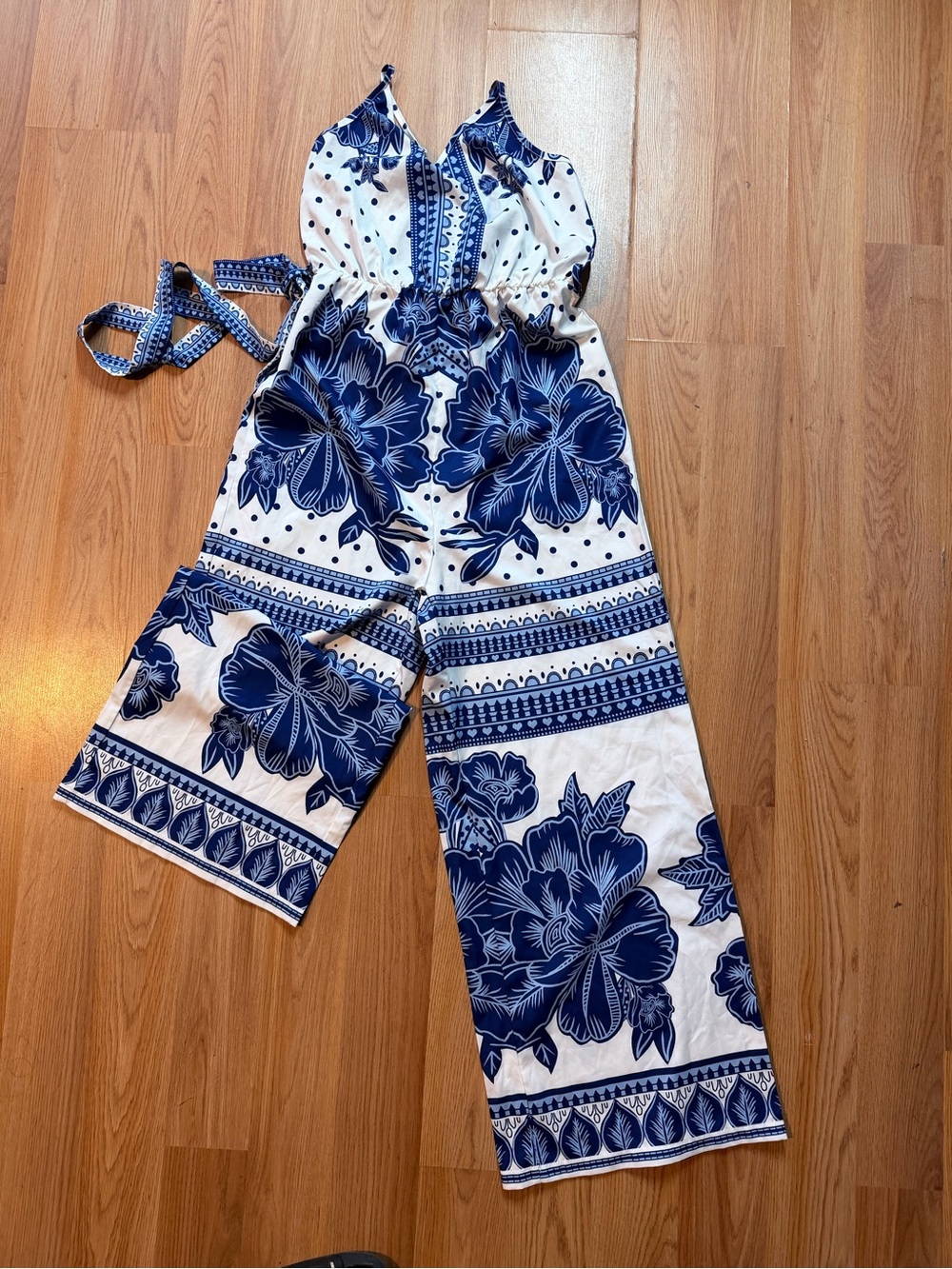 SHEIN Blue and White Floral Maxi Jumpsuit